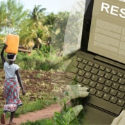 Split photo of a research laptop and a woman on the land