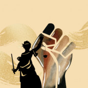 Illustration of the statue of Lady Justice, and a fist raised in power