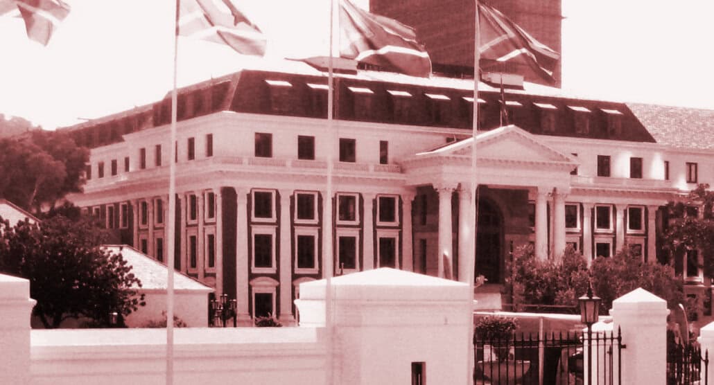 South African Parliament with flags flying outside