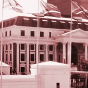 South African Parliament with flags flying outside