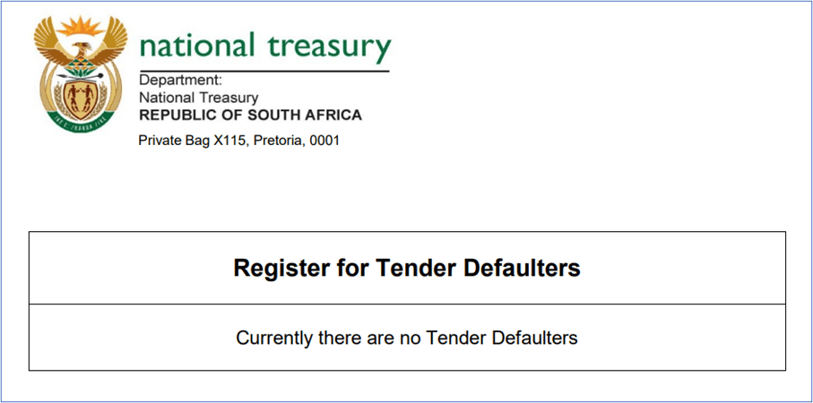 Screenshot of the tender defaulters register with no entries